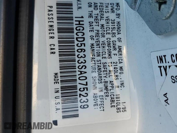 1995 Honda Accord LX with VIN 1HGCD5633SA075239, listed as a Copart auction lot 41386425 with 244,611 mi miles and Salvage Title. Bid and sale history available at carsss.com. Image 14.