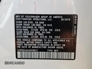 2018 Volkswagen Atlas SE with VIN 1V2FR2CA0JC575617, listed as a Copart auction lot 72691074 with 86,505 mi miles and Salvage title. Bid and sale history available at DreamBid. Image 15.
