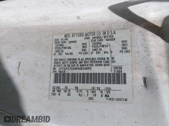 1998 Ford F-150 с VIN 1FTZF1725WNB24893, выставлен на аукционе IAAI как лот 42436524 с пробегом 244 854 миль миль и . История ставок и продаж доступна на DreamBid. Изображение 9.