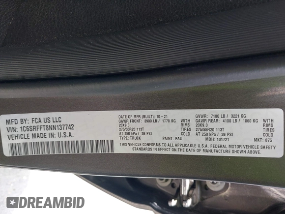 2022 Ram 1500 Big Horn with VIN 1C6SRFFT8NN137742, listed as a IAAI auction lot 42091761 with 38,005 mi miles and . Bid and sale history available at DreamBid. Image 9.