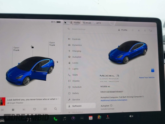 2019 Tesla Model 3 Long Range with VIN 5YJ3E1EB9KF454007, listed as a IAAI auction lot 41769346 with 141,609 mi miles. Bid and sale history available at carsss.com. Image 7.