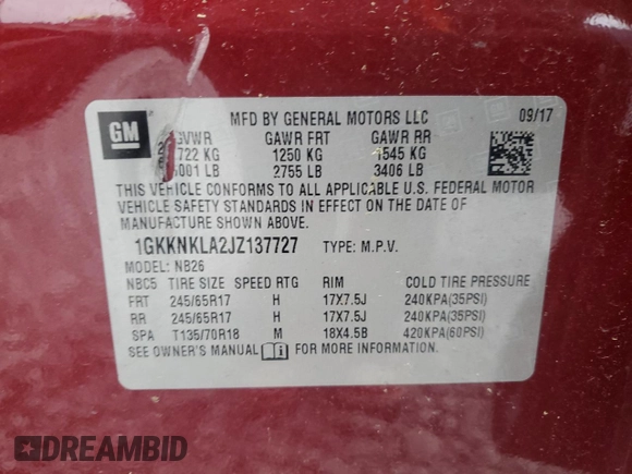 2018 GMC Acadia SLE with VIN 1GKKNKLA2JZ137727, listed as a Copart auction lot 52146765 with 58,857 mi miles and Salvage Title. Bid and sale history available at carsss.com. Image 13.