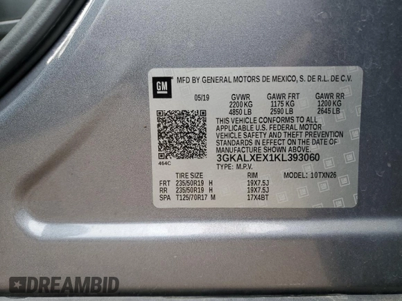 2019 GMC Terrain Denali with VIN 3GKALXEX1KL393060, listed as a Copart auction lot 61062835 with 60,857 mi miles and Salvage title. Bid and sale history available at DreamBid. Image 13.