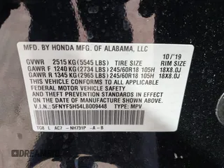 2020 Honda Pilot EX-L with VIN 5FNYF5H54LB009448, listed as a IAAI auction lot 41697106 with 63,310 mi miles. Bid and sale history available at carsss.com. Image 9.
