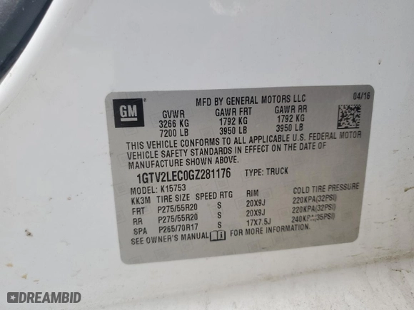 2016 GMC Sierra 1500 with VIN 1GTV2LEC0GZ281176, listed as a Copart auction lot 44316565 with 105,279 mi miles and Salvage Title. Bid and sale history available at carsss.com. Image 12.