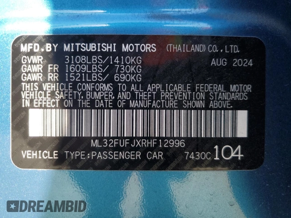 2024 Mitsubishi Mirage ES with VIN ML32FUFJXRHF12996, listed as a Copart auction lot 55492395 with 3,388 mi miles and Salvage title. Bid and sale history available at DreamBid. Image 13.