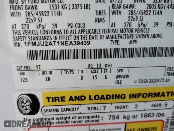 2022 Ford Expedition Limited with VIN 1FMJU2AT1NEA39439, listed as a Copart auction lot 86941944 with Not provided miles and Salvage title. Bid and sale history available at DreamBid. Image 13.