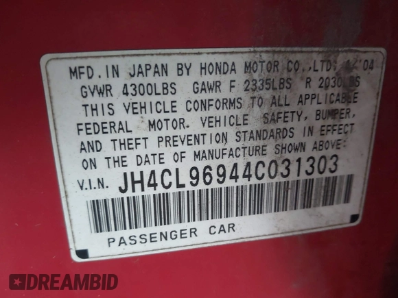 2004 Acura TSX w/Navigation с VIN JH4CL96944C031303, выставлен на аукционе IAAI как лот 42307579 с пробегом 246 077 миль миль и . История ставок и продаж доступна на DreamBid. Изображение 9.