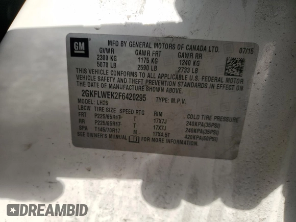 2015 GMC Terrain SLE with VIN 2GKFLWEK2F6420295, listed as a Copart auction lot 51941645 with 104,737 mi miles and Salvage title. Bid and sale history available at DreamBid. Image 15.