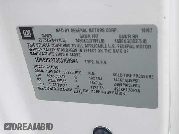 2008 GMC Acadia SLT1 with VIN 1GKER23738J169844, listed as a IAAI auction lot 41922922 with 198,500 mi miles. Bid and sale history available at carsss.com. Image 9.