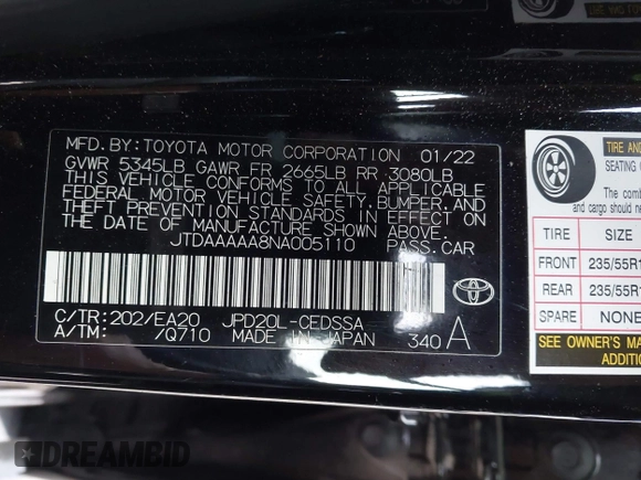 2022 Toyota Mirai XLE with VIN JTDAAAAA8NA005110, listed as a IAAI auction lot 41174928 with 30,151 mi miles and . Bid and sale history available at DreamBid. Image 9.