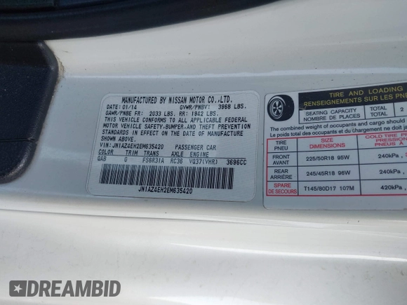 2014 Nissan 370Z Touring с VIN JN1AZ4EH2EM635420, выставлен на аукционе IAAI как лот 40862653 с пробегом 68 004 миль миль и . История ставок и продаж доступна на DreamBid. Изображение 9.
