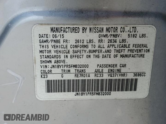 2015 Infiniti Q70 z VIN JN1BY1PR5FM832000, wystawiony jako Copart lot #56699885 z przebiegiem Nie podano mil oraz Szkoda całkowita • Salvage title. Historia ofert i sprzedaży dostępna na DreamBid. Obrazek 13.