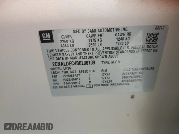 2011 Chevrolet Equinox 1LT with VIN 2CNALDEC4B6206109, listed as a Copart auction lot 54081005 with 103,387 mi miles and Salvage Title. Bid and sale history available at DreamBid. Image 13.