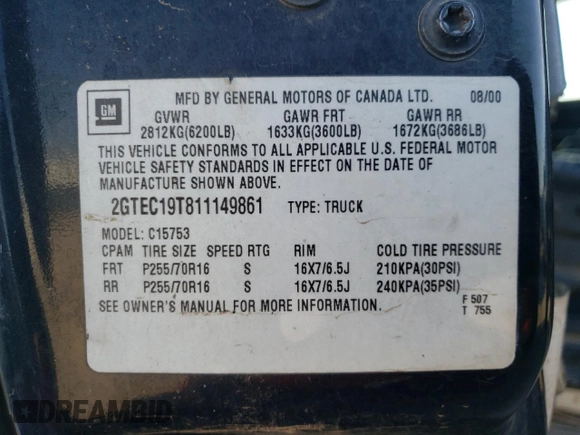 2001 GMC Sierra 1500 SLE z VIN 2GTEC19T811149861, wystawiony jako Copart lot #89205095 z przebiegiem 289 190 mil mil oraz Czysty tytuł • Clean title. Historia ofert i sprzedaży dostępna na DreamBid. Obrazek 12.