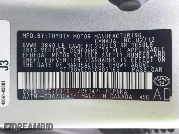 2012 Toyota Corolla L with VIN 2T1BU4EE9CC803165, listed as a IAAI auction lot 41924436 with 257,724 mi miles. Bid and sale history available at carsss.com. Image 9.