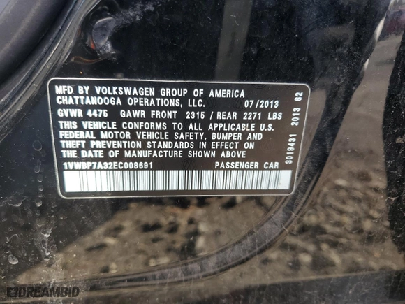 2014 Volkswagen Passat SE with VIN 1VWBP7A32EC008691, listed as a Copart auction lot 50271685 with 136,477 mi miles and Salvage Title. Bid and sale history available at carsss.com. Image 12.