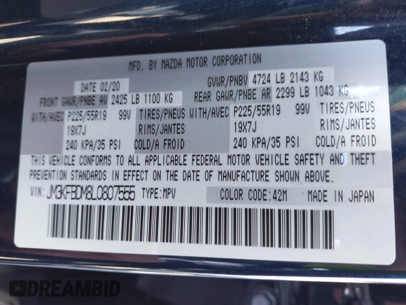 2020 Mazda CX-5 Grand Touring with VIN JM3KFBDM8L0807555, listed as a IAAI auction lot 41612906 with 40,518 mi miles. Bid and sale history available at carsss.com. Image 9.