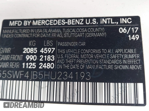 2017 Mercedes-Benz C 300 with VIN 55SWF4JB5HU234193, listed as a IAAI auction lot 42453623 with 76,245 mi miles and . Bid and sale history available at DreamBid. Image 9.