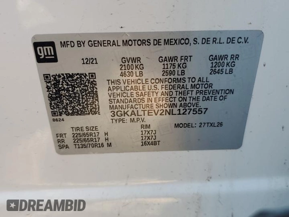 2022 GMC Terrain SLE z VIN 3GKALTEV2NL127557, wystawiony jako Copart lot #56729945 z przebiegiem Nie podano mil oraz Czysty tytuł • Clean title. Historia ofert i sprzedaży dostępna na DreamBid. Obrazek 13.