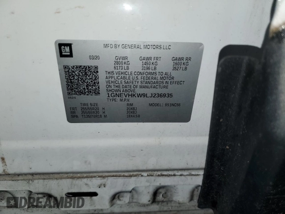 2020 Chevrolet Traverse LT with VIN 1GNEVHKW9LJ236935, listed as a Copart auction lot 56395265 with 102,336 mi miles and Salvage title. Bid and sale history available at DreamBid. Image 13.