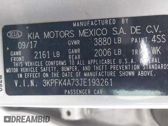 2018 Kia Forte LX with VIN 3KPFK4A73JE193261, listed as a IAAI auction lot 41645310 with 52,067 mi miles. Bid and sale history available at carsss.com. Image 9.