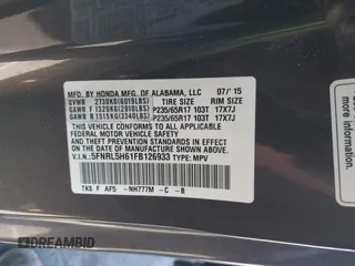 2015 Honda Odyssey EX-L with VIN 5FNRL5H61FB126933, listed as a IAAI auction lot 42003978 with 69,025 mi miles and . Bid and sale history available at carsss.com. Image 9.