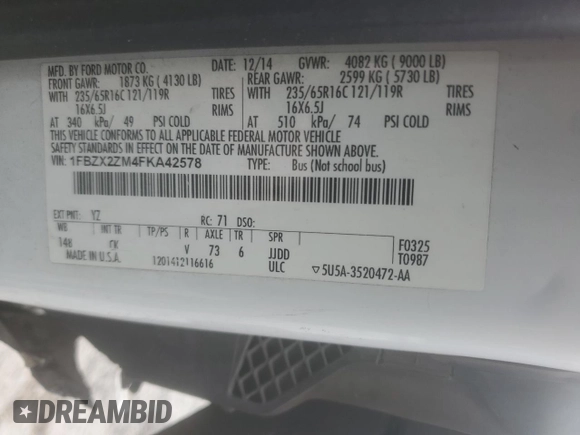 2015 Ford Transit XL z VIN 1FBZX2ZM4FKA42578, wystawiony jako Copart lot #61664395 z przebiegiem 199 174 mil mil oraz Szkoda całkowita • Salvage title. Historia ofert i sprzedaży dostępna na DreamBid. Obrazek 13.
