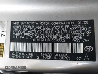 2008 Toyota Prius z VIN JTDKB20U183378002, wystawiony jako IAAI lot #42408794 z przebiegiem 227 839 mil mil oraz . Historia ofert i sprzedaży dostępna na DreamBid. Obrazek 9.