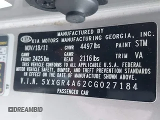 2012 Kia Optima SX with VIN 5XXGR4A62CG027184, listed as a IAAI auction lot 41236626 with 121,686 mi miles and . Bid and sale history available at carsss.com. Image 9.