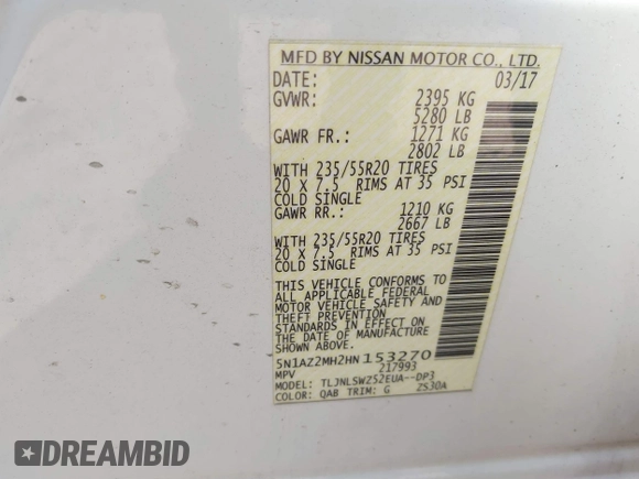 2017 Nissan Murano S with VIN 5N1AZ2MH2HN153270, listed as a IAAI auction lot 41720819 with 141,555 mi miles and . Bid and sale history available at DreamBid. Image 9.