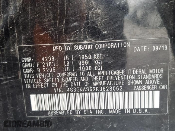 2019 Subaru Impreza Limited z VIN 4S3GKAS62K3628062, wystawiony jako Copart lot #87000484 z przebiegiem 51 953 mil mil oraz Szkoda całkowita • Salvage title. Historia ofert i sprzedaży dostępna na DreamBid. Obrazek 15.