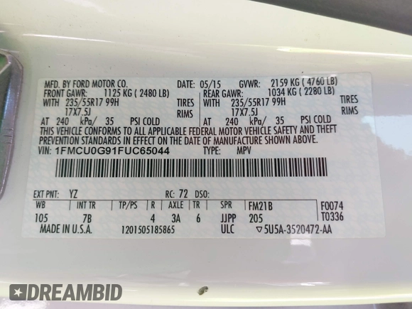 2015 Ford Escape SE with VIN 1FMCU0G91FUC65044, listed as a IAAI auction lot 42083688 with 111,972 mi miles and . Bid and sale history available at carsss.com. Image 9.