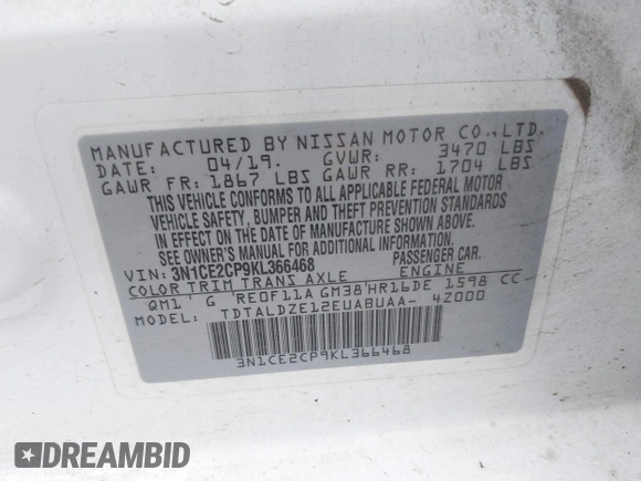 2019 Nissan Note SV with VIN 3N1CE2CP9KL366468, listed as a IAAI auction lot 42234682 with 78,614 mi miles and . Bid and sale history available at DreamBid. Image 9.