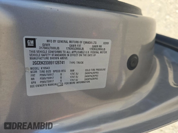 2009 Chevrolet Silverado 1500 LT with VIN 2GCEK233891126741, listed as a Copart auction lot 55168995 with 187,054 mi miles and Clean Title. Bid and sale history available at DreamBid. Image 10.
