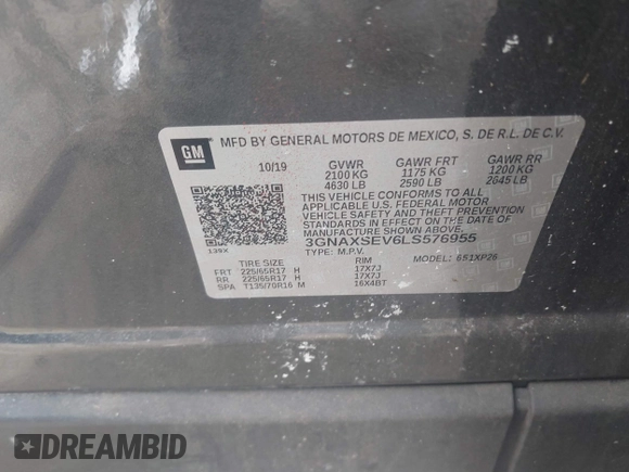 2020 Chevrolet Equinox LS z VIN 3GNAXSEV6LS576955, wystawiony jako IAAI lot #41476217 z przebiegiem 152 248 mil mil oraz . Historia ofert i sprzedaży dostępna na DreamBid. Obrazek 9.