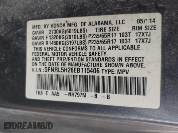 2014 Honda Odyssey LX с VIN 5FNRL5H26EB115406, выставлен на аукционе IAAI как лот 42247078 с пробегом 222 599 миль миль и . История ставок и продаж доступна на DreamBid. Изображение 9.