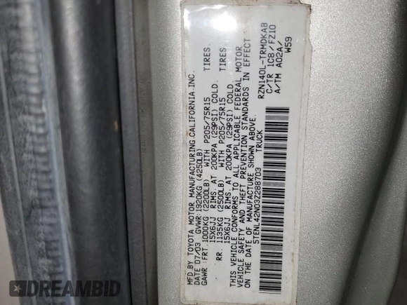 2003 Toyota Tacoma with VIN 5TENL42N03Z288703, listed as a Copart auction lot 44933395 with 199,992 mi miles and Non Repairable. Bid and sale history available at DreamBid. Image 12.