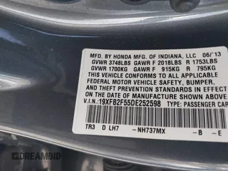 2013 Honda Civic LX with VIN 19XFB2F55DE252598, listed as a IAAI auction lot 42490248 with 115,550 mi miles and . Bid and sale history available at DreamBid. Image 9.
