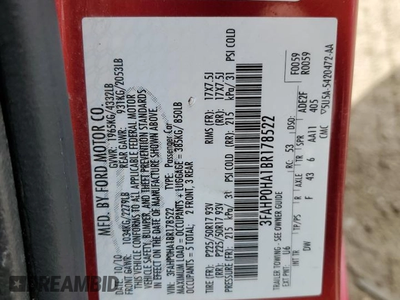 2011 Ford Fusion SE with VIN 3FAHP0HA1BR178522, listed as a Copart auction lot 50735985 with 196,052 mi miles and Salvage Title. Bid and sale history available at carsss.com. Image 15.