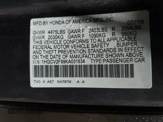 2019 Honda Accord Touring with VIN 1HGCV2F99KA031634, listed as a IAAI auction lot 41209019 with 74,965 mi miles and . Bid and sale history available at DreamBid. Image 9.