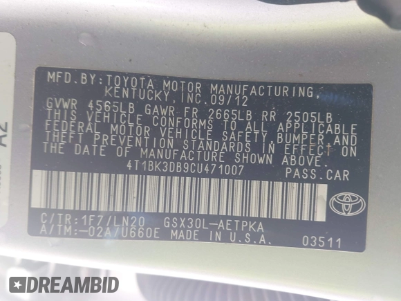 2012 Toyota Avalon with VIN 4T1BK3DB9CU471007, listed as a IAAI auction lot 41478581 with 17,606 mi miles and . Bid and sale history available at DreamBid. Image 9.