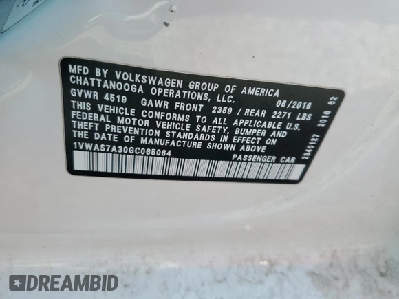 2016 Volkswagen Passat S with VIN 1VWAS7A30GC065064, listed as a Copart auction lot 60083525 with 94,178 mi miles and Salvage title. Bid and sale history available at DreamBid. Image 12.
