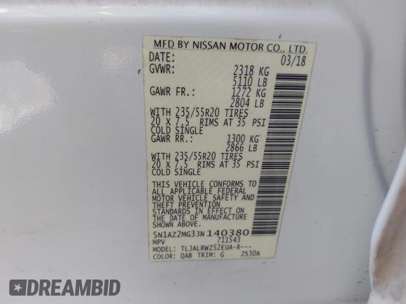 2018 Nissan Murano S with VIN 5N1AZ2MG3JN140380, listed as a IAAI auction lot 40919077 with 133,272 mi miles and . Bid and sale history available at DreamBid. Image 9.