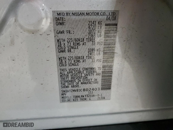 2018 Nissan Rogue S with VIN 5N1AT2MV8JC802403, listed as a Copart auction lot 52404305 with 72,051 mi miles and Salvage Title. Bid and sale history available at carsss.com. Image 13.