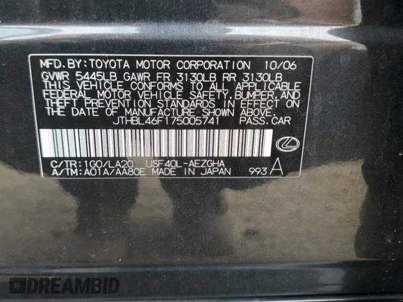2007 Lexus LS 460 with VIN JTHBL46F175005741, listed as a Copart auction lot 59982435 with 225,398 mi miles and Clean title. Bid and sale history available at DreamBid. Image 12.