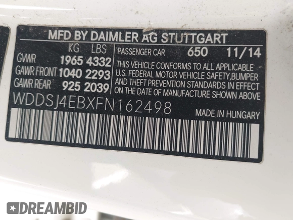 2015 Mercedes-Benz CLA 250 with VIN WDDSJ4EBXFN162498, listed as a IAAI auction lot 42159178 with 143,435 mi miles and . Bid and sale history available at DreamBid. Image 9.