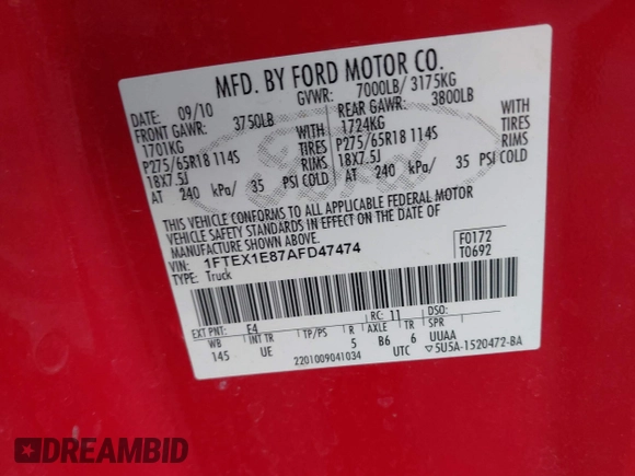 2010 Ford F-150 XL with VIN 1FTEX1E87AFD47474, listed as a IAAI auction lot 42531609 with 173,119 mi miles and . Bid and sale history available at DreamBid. Image 9.