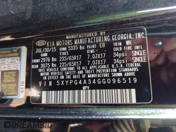 2016 Kia Sorento LX with VIN 5XYPG4A34GG096519, listed as a IAAI auction lot 41804182 with 151,909 mi miles. Bid and sale history available at carsss.com. Image 9.