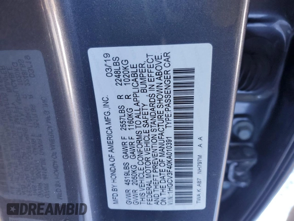 2019 Honda Accord EX z VIN 1HGCV3F40KA010391, wystawiony jako Copart lot #88291595 z przebiegiem 56 285 mil mil oraz Szkoda całkowita • Salvage title. Historia ofert i sprzedaży dostępna na DreamBid. Obrazek 14.